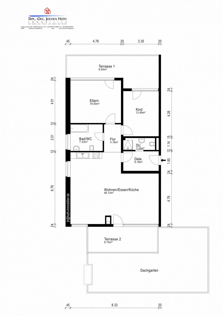Fehler: die Dachterasse weist 11,4m x 6,15m auf, ist also noch gr��er. Etagenwohnung Wuppertal